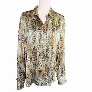 Robert Graham Long Sleeve Womens L Shirt 100% Silk Green Snake Skin Animal Print